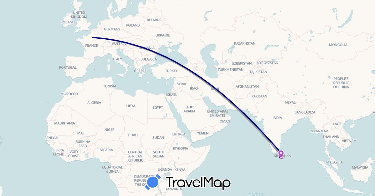 TravelMap itinerary: driving, plane, train, hiking in France, Sri Lanka (Asia, Europe)